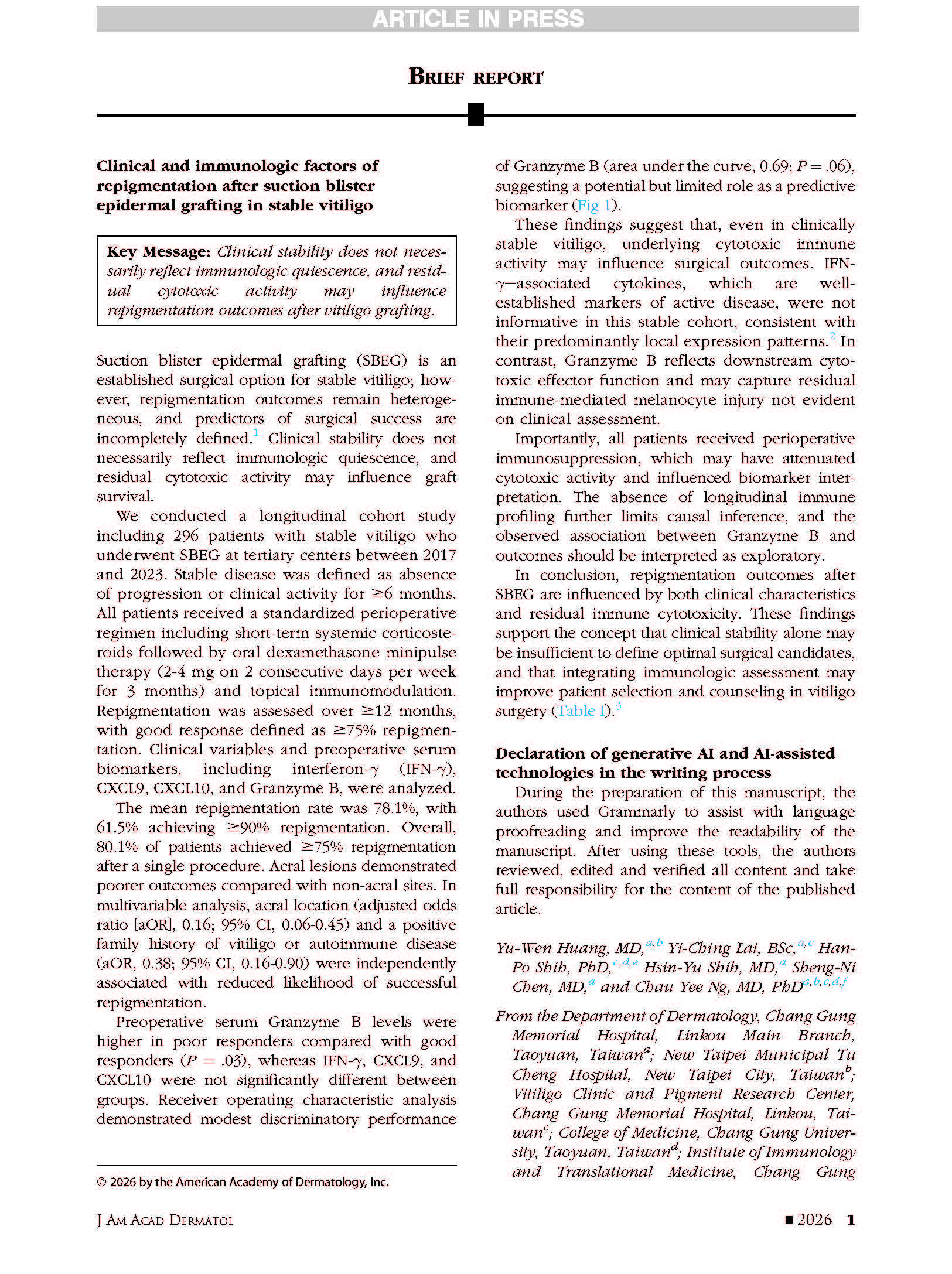 2026 Clinical and immunologic factors of repigmentation after suction blister epidermal grafting in stable vitiligo 2026 Clinical and immunologic factors of repigmentation after suction blister epidermal grafting in stable vitiligo